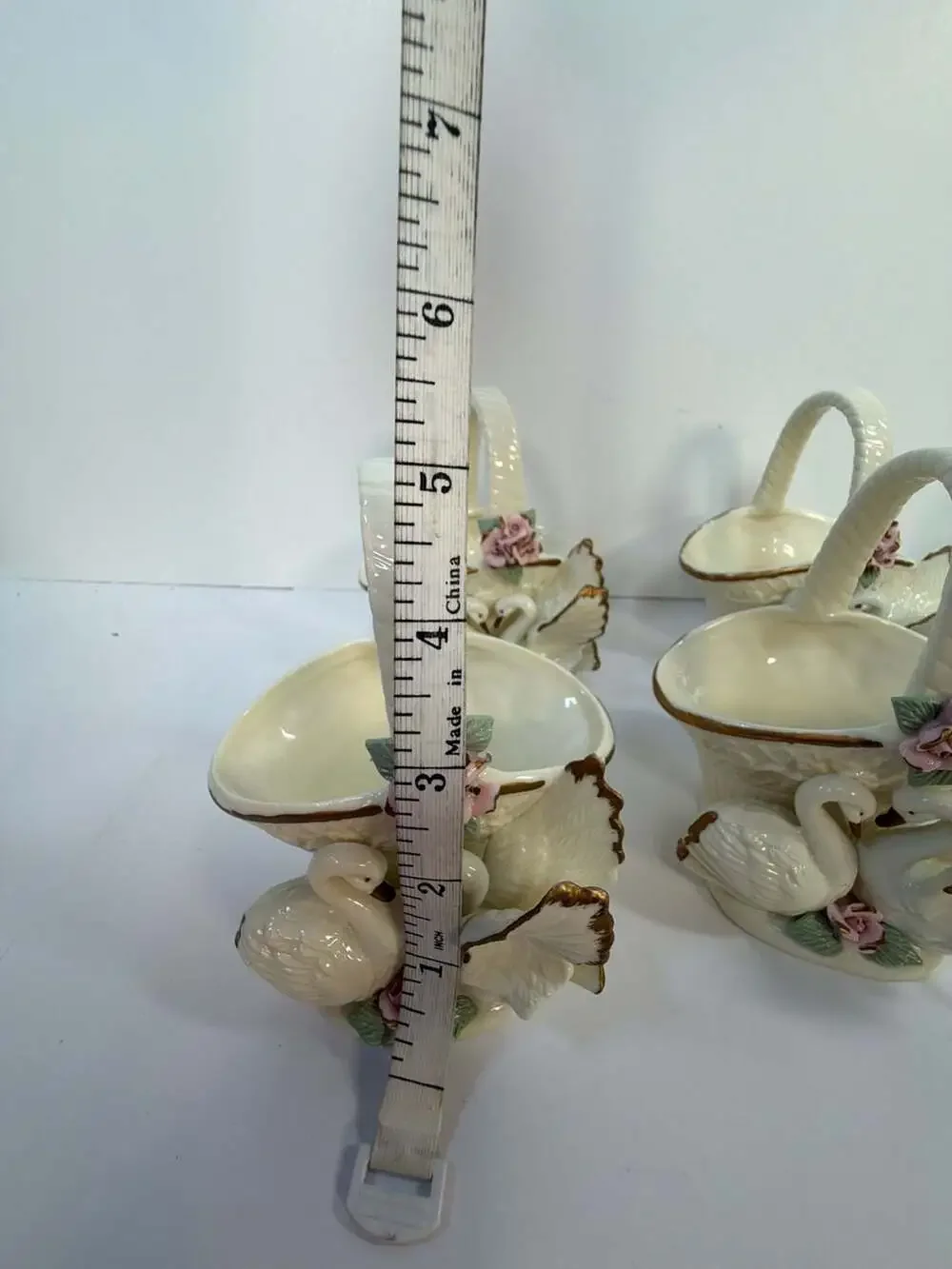 Set of 6 Berkeley Designs Porcelain Swan‎ Baskets with Pink Roses